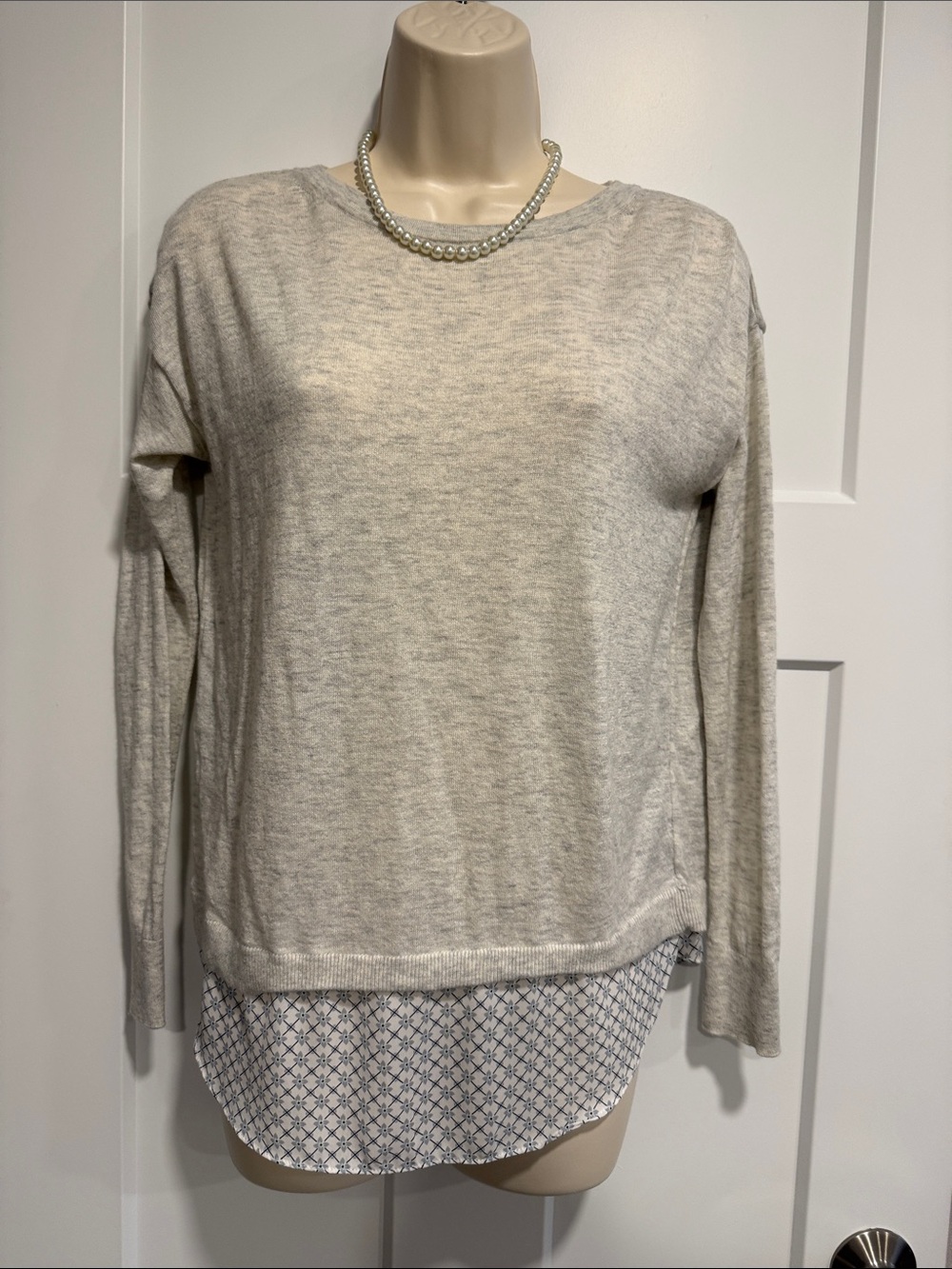 LOFT Petites Layered Look Sweater Top Gray Floral Print